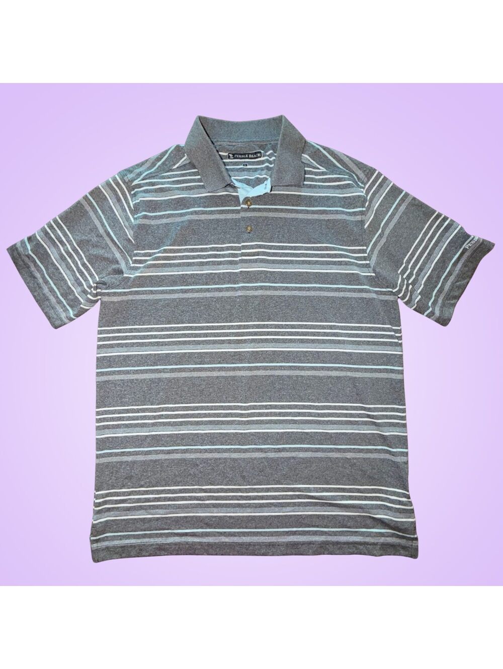 Pebble Beach Men's Large Gray Blue Striped Performance Golf Polo Shirt